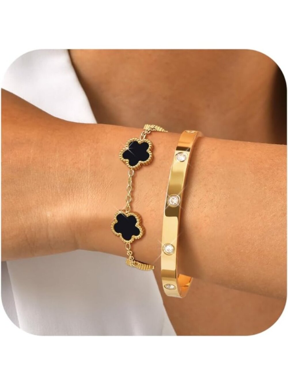 Womens Black Stackable Gold Bracelets Jewelry, 18K Gold Plated Floral Bracelet